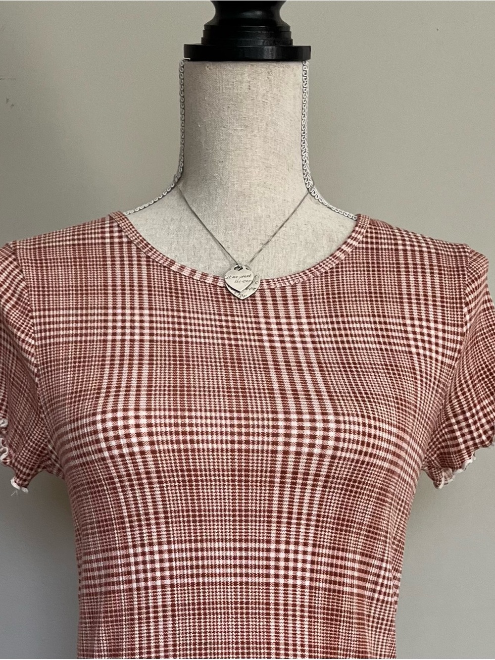 American Eagle Outfitters Rust & White Plaid Lettuce-Edge Crop Top - Picture 4 of 7
